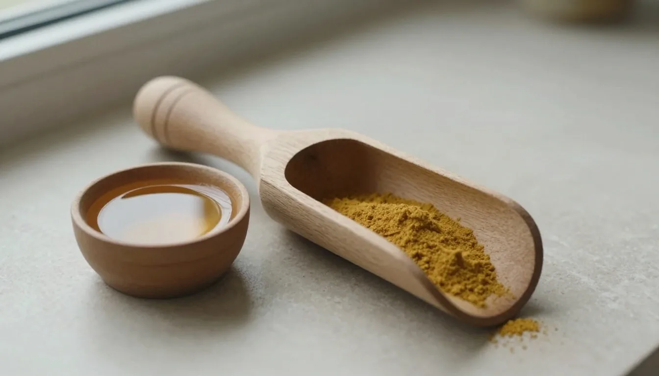 Hands holding a jar of golden powder on a white surface