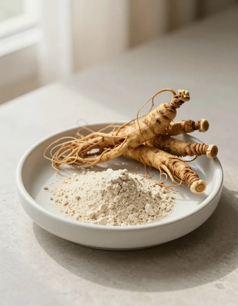 Dried botanical roots and powder on a ceramic dish